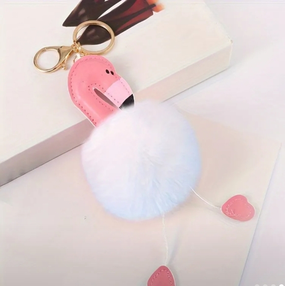 Flamingo Shaped Faux Fur Keychain - Picture 1 of 1